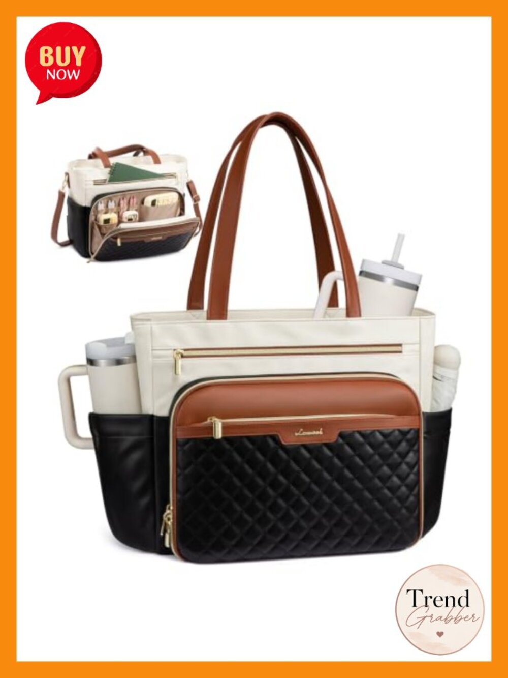 Quilted PU Leather Laptop Tote Bag Water Resistant Work Briefcase